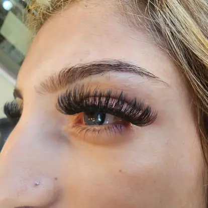 Close-up of an eye with a full set of dark volume lash extensions and a brushed-up brow