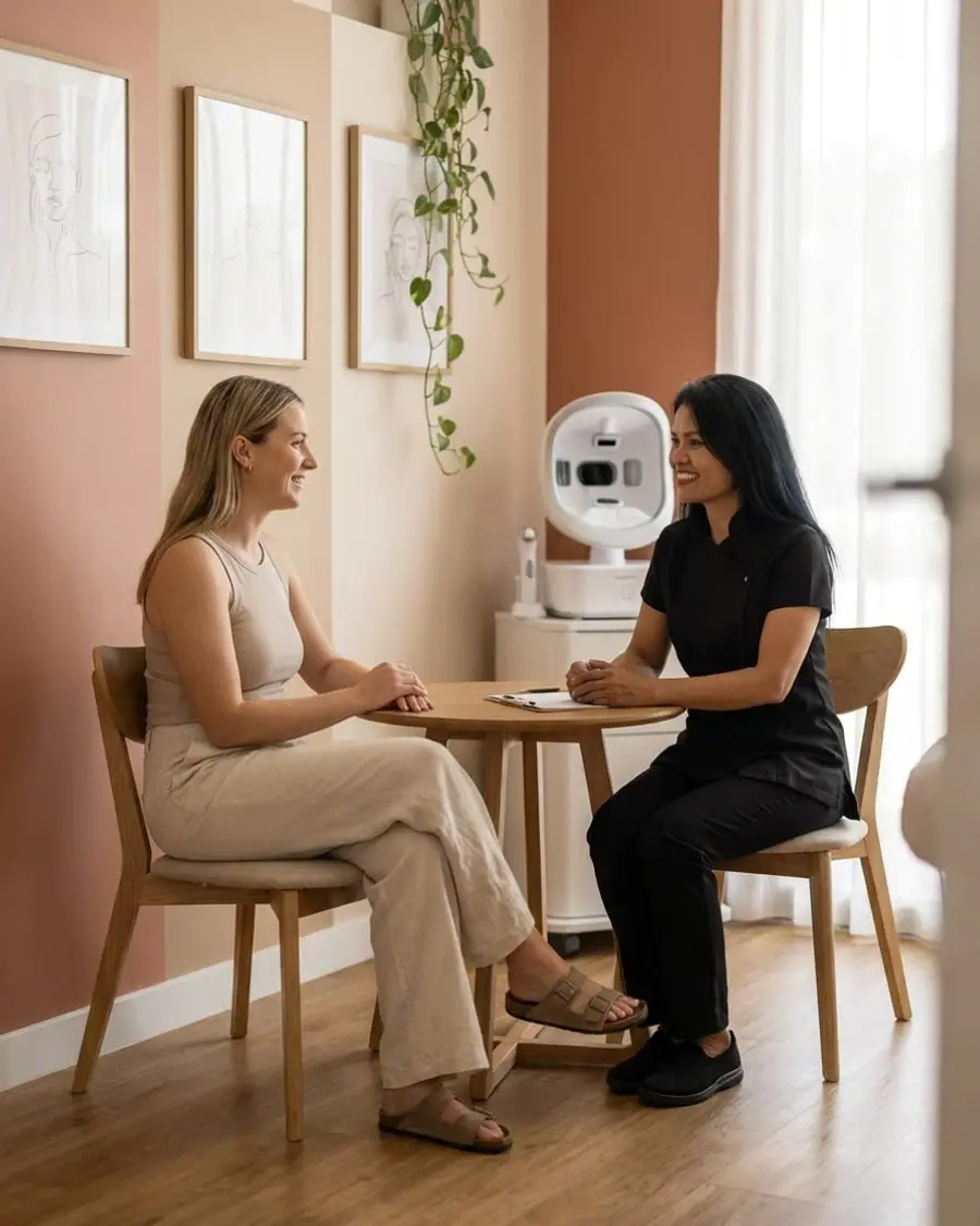 A therapist in black uniform and a client sitting across a small round table in the consultation corner, a skin-analysis scanner on the counter behind them